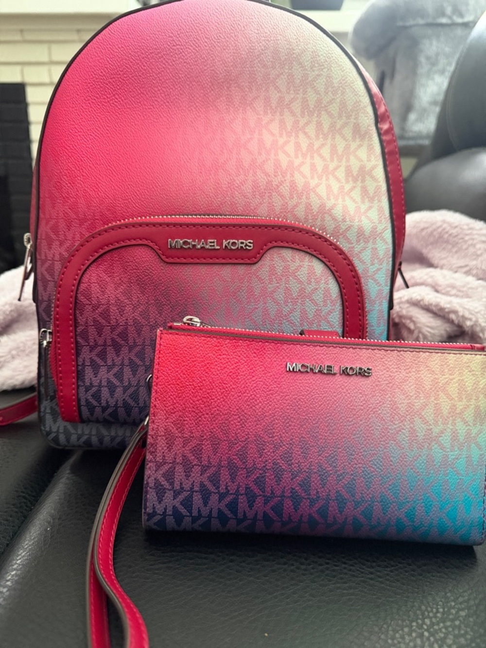 Michael Kors Pink to Blue Ombre Logo Backpack with Matching Wristlet